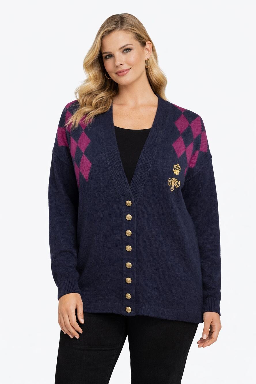 Koret VTG Wool Cardigan Pink Argyle Preppy Crown Crest Grandpa LARGE